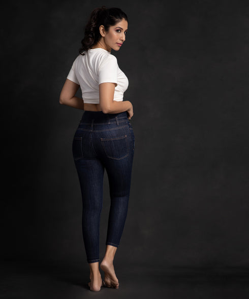 High Waist Light Shredded Dark Blue Jean